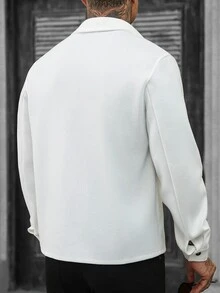 Manfinity Homme 男士純色羊毛混紡休閒長袖夾克，適合秋冬穿著，米色鈕扣開襟夾克 - 白色 - 查看 2