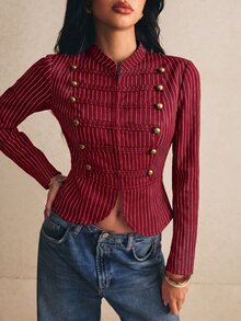 Poéselle 女款條紋鈕扣設計長袖休閒襯衫 - 玫瑰紅 - 查看 8