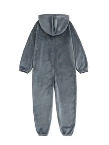 SHEIN Tween Boy Autumn/Winter Minimalist Letter Embroidered Pattern Long Sleeve Hooded Zip-Up Soft Skin-Friendly Flannel Loungewear Jumpsuit - Grey - View 2