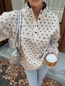 DAZY Cream White Polka Dot Lamb Fleece Round Neck Button Half-Placket Loose Long Sleeve Casual Sweatshirt - Grey - View 8