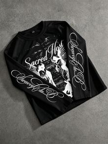Manfinity EMRG Kaos Pria Bergambar Kuda & Tulisan, Kaos Kasual Lengan Panjang Kerah Bulat untuk Streetwear, Pakaian Sehari-hari, Acara Akhir Pekan, dan Kumpul-kumpul. - Hitam - View 1