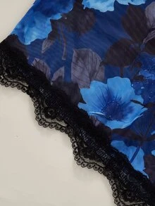 SilkySpell Women's Sexy Floral Print Lace Patchwork One-Piece Pajamas - Navy Blue - View 6