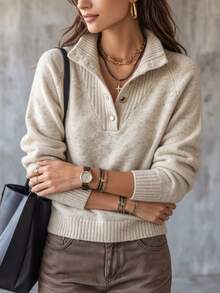SHEIN Women's Autumn/Winter Soft Semi-High Neck 5-Button Knit Sweater, Raglan Sleeve Loose Slouchy Short Pullover Knit Top, Versatile Daily Commute Inner Layer - Apricot - View 5