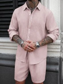 Manfinity CasualCool 男士純色長袖襯衫與短褲休閒日常兩件套 - 粉色 - 查看 7