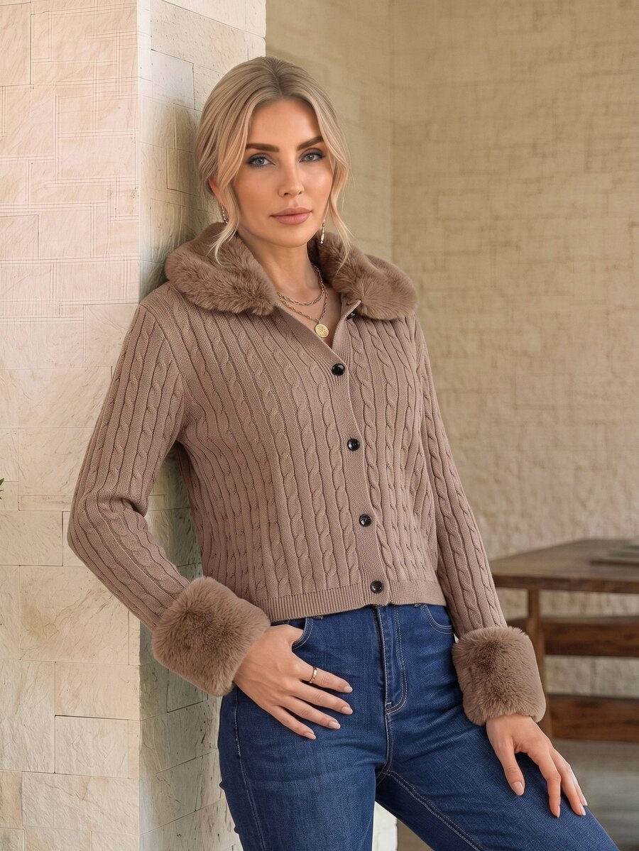 SHEIN Women Cable Knit Faux Fur Collar & Cuff Crop Jacket, Single Breasted Short Cardigan Coat For Fall Winter - Brown - View 1
