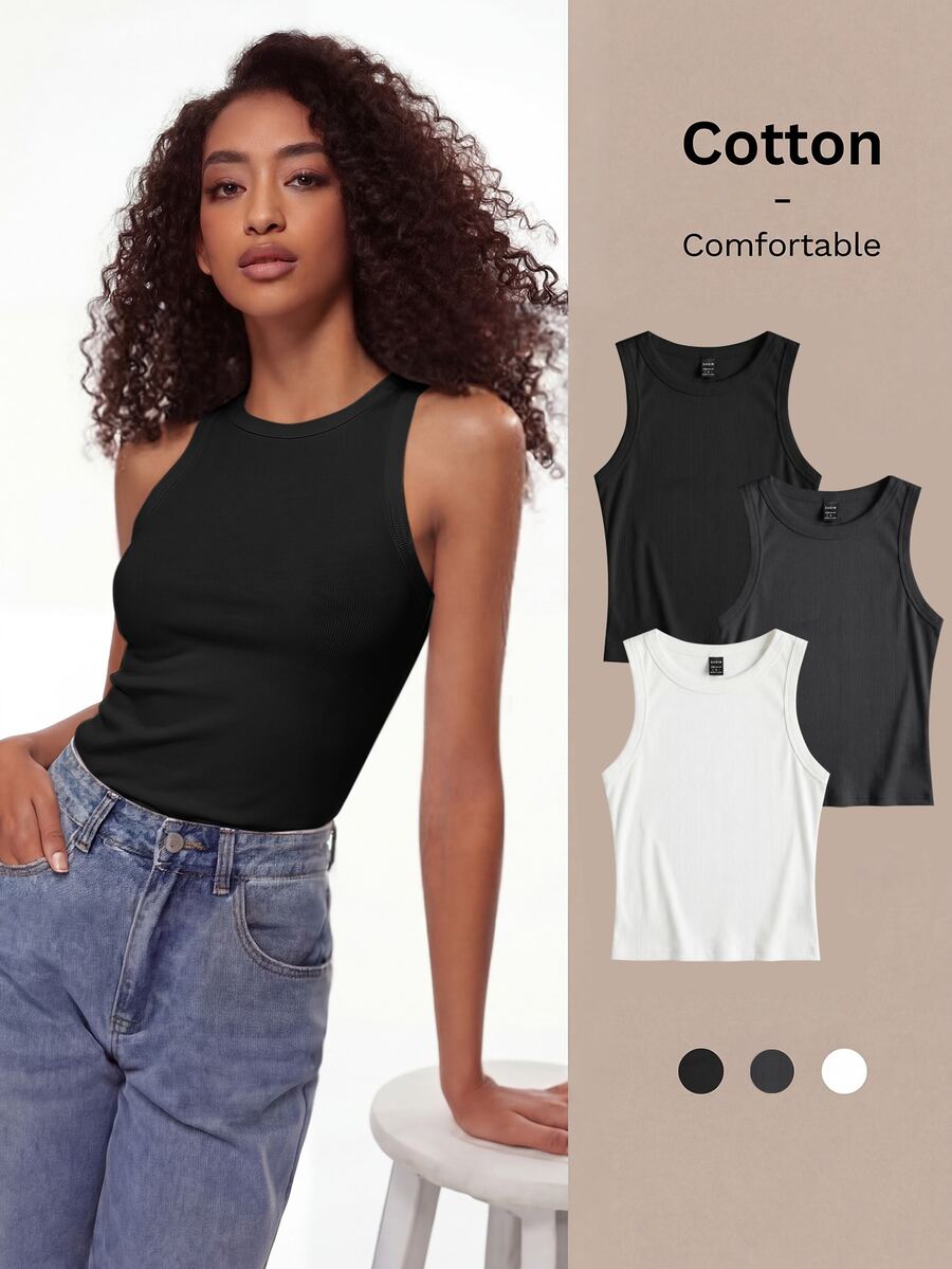 SHEIN BASICS Women's Solid Color Fitted Versatile Daily Wear Top - Multicolor - View 1