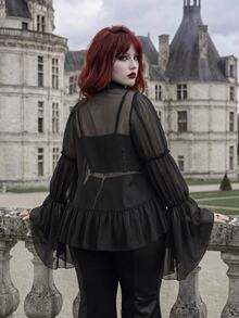 Whyspr Gothic Cold Elegant Ascetic Style Lightweight Sheer Chiffon Stand Collar Blouse, Double Layer Hollow Back Multi-Layer Ruffle Hem Long Flared Sleeve Crop Top, Dark Style Semi-See-Through Chiffon Stand Collar Shirt, Hollow Back Small Ruffle Layer Flared Long Sleeve Crop Top - Black - View 2