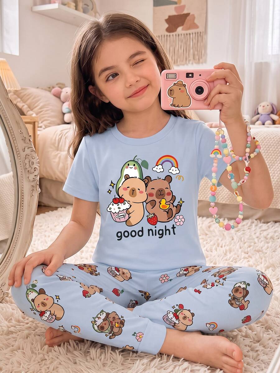 Sweet Dream 系列女童可愛水豚圖案長袖長褲睡衣套裝，舒適休閒居家服，適合秋冬穿著，女童秋季服飾，女童修身睡衣套裝，女童加厚衣物 - 彩色 - 查看 1