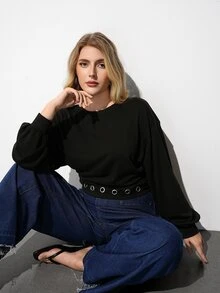 Maija Plus Size Women Solid Color Round Neck Drop Shoulder Long Sleeve Eyelet Design Casual Sweatshirt - Khaki - View 4