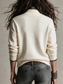 Omancia Chic Contrast Binding V Neck Knit Cardigan, Women Long Sleeve Button Down Elegant Slim Fit Fall Sweater - Apricot - View 3