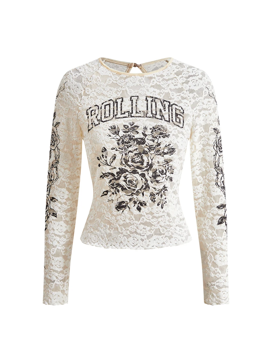 ROMWE Y2K Royal Romantic Lace Vintage Pattern Slim Fit Women's T-Shirt - Apricot - View 1