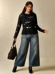 Nubod Plus Size Black & White Pentagram Hollow-Out Jacquard Distressed Ripped Crew Neck Long Sleeve Knit Base Layer Sweater - Black - View 4