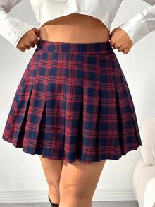 SHEIN EZwear Plus Size Vintage Casual Elegant Academy Plaid Pleated Skirt Teacher Vacation Formal Navy Blue Autumn - Red - View 6