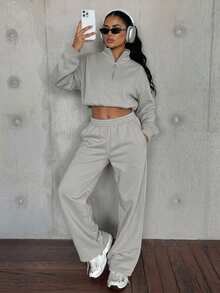 DAZY American Style Half-Zip Sweatshirt 2 Pieces Set For Women, Cropped Waist-Exposing Top And Loose Wide-Leg Sweatpants - Grey - View 1