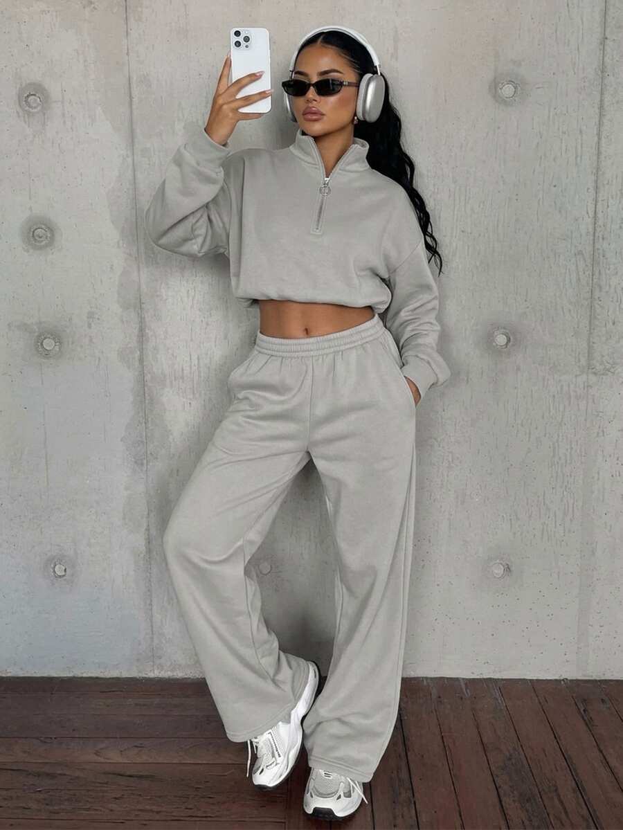DAZY American Style Half-Zip Sweatshirt 2 Pieces Set For Women, Cropped Waist-Exposing Top And Loose Wide-Leg Sweatpants - Grey - View 1