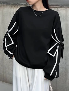 FRIFUL 女款拼色休閒可愛優雅百搭日常長袖運動衫，黑白配色，適合秋季日常約會 - 黑色 - 查看 4