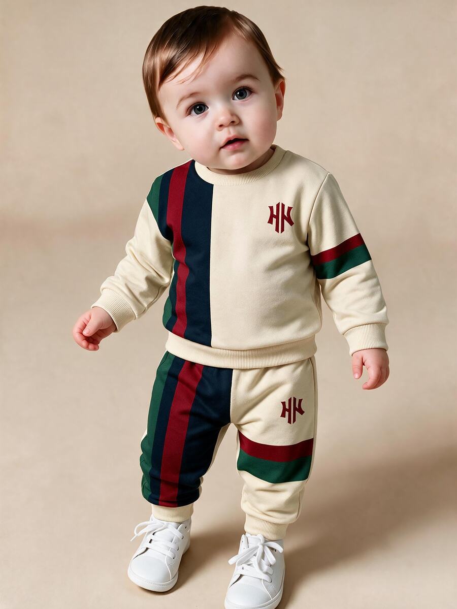 Young Boys Loose Fit Sports Casual Comfortable Long Sleeve Sweatshirt And Pants 2 Pieces Set, Suitable For Autumn/Winter, Classic Retro Color Block Pattern Print, Delicate Small Logo Pattern Print - Multicolor - View 1