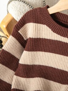 SHEIN Elladie kids 女童條紋圓領長袖休閒百搭針織衫 - 棕色 - 查看 6