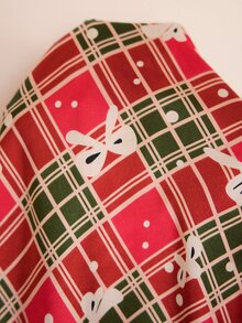 Doze Lane Plaid Bow Christmas Print Plus Size Women's Long Sleeve Long Pants Open Front Piped Lapel Soft Satin Pajama Set - Red - View 7