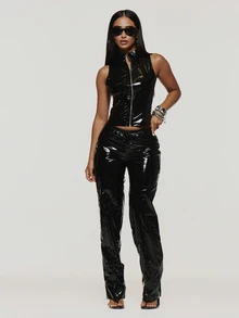 MUSERA Black Vinyl Low Rise Flare Trouser Pants Autumn Fall Winter Coolgirl Rave Festival Halloween Ultra M - Black - View 1