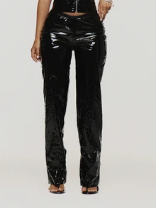 MUSERA Black Vinyl Low Rise Flare Trouser Pants Autumn Fall Winter Coolgirl Rave Festival Halloween Ultra M - Black - View 2