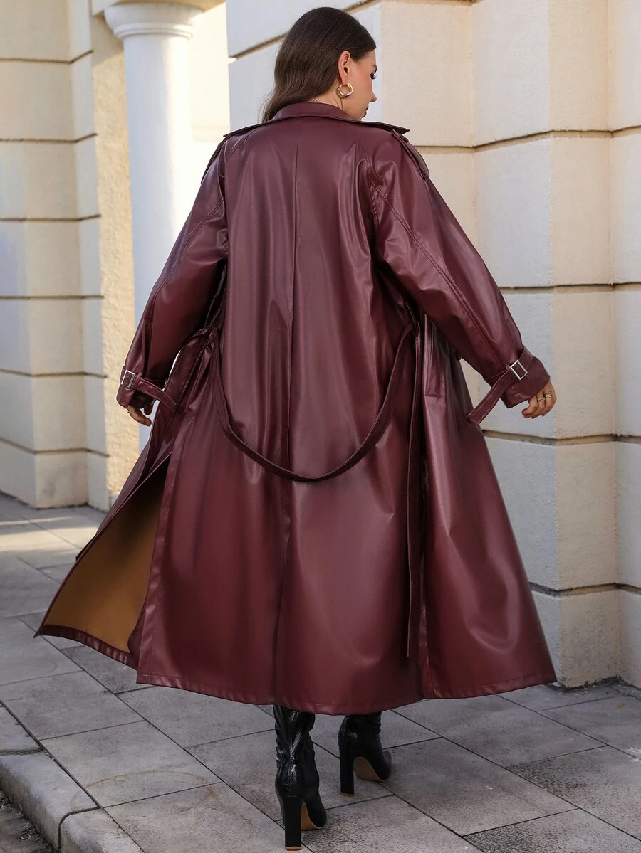 EMERY ROSE Plus Size Women's Elegant Autumn/Winter PU Solid Color Burgundy Long Trench Coat - Burgundy - View 1