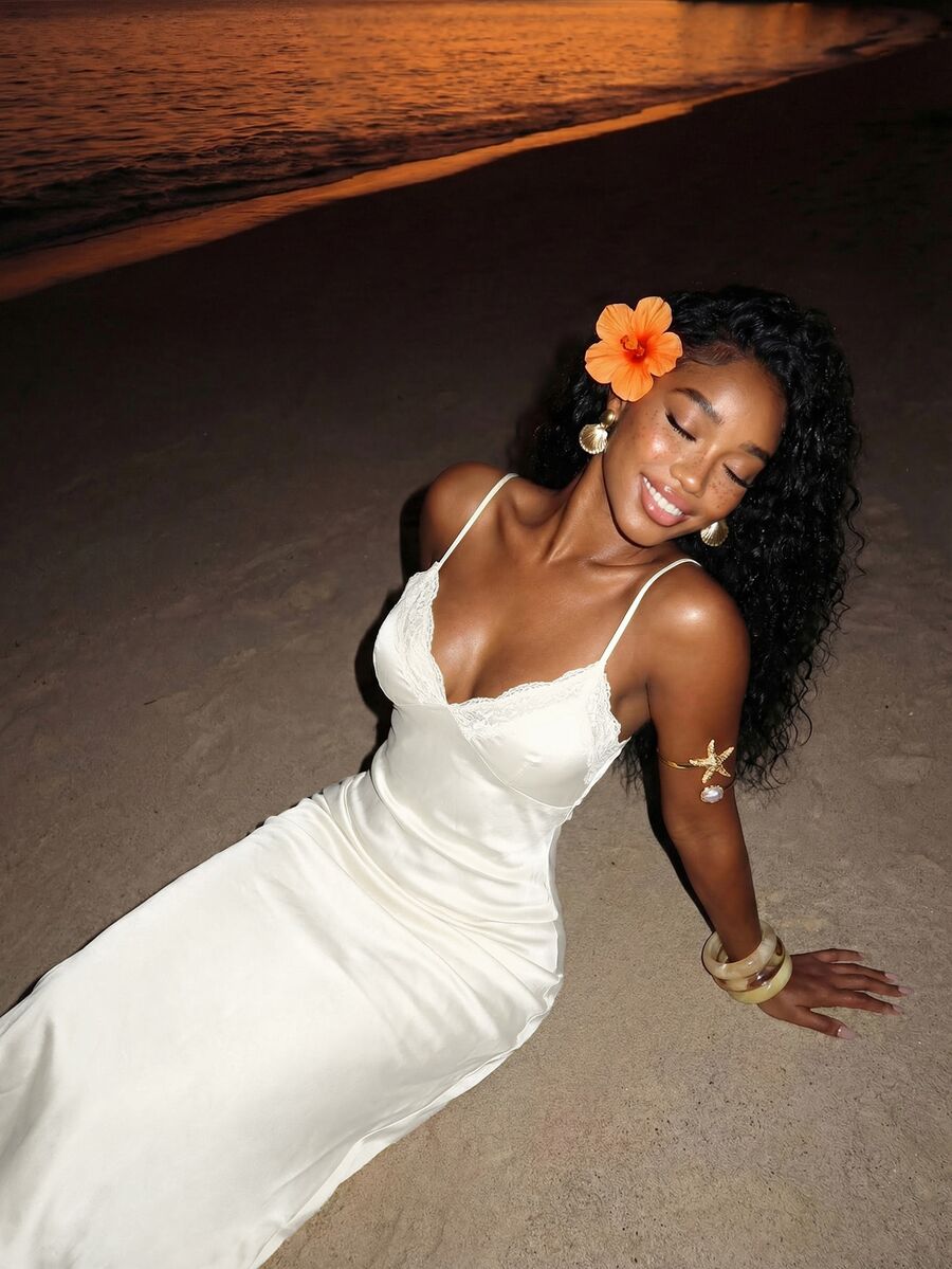 Slaydiva Women's Pale Yellow Lace-Trimmed Halter-Neck Satin Fishtail Maxi Dress, Perfect For Music Festivals, Valentine's Day, Easter, Weddings, Seasonal Holidays, Casual And Elegant Commuting, Everyday Wear, Work Attire, Vacation Parties, Cruise Parties, Basic Style, Everyday Wear, And Dates. - Apricot - View 1