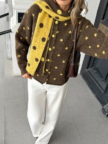 Pariaura Vintage Colorblock Polka Dot Loose Fit Slimming Slouchy Cardigan Sweater Jacket With Matching Scarf - Coffee Brown - View 1