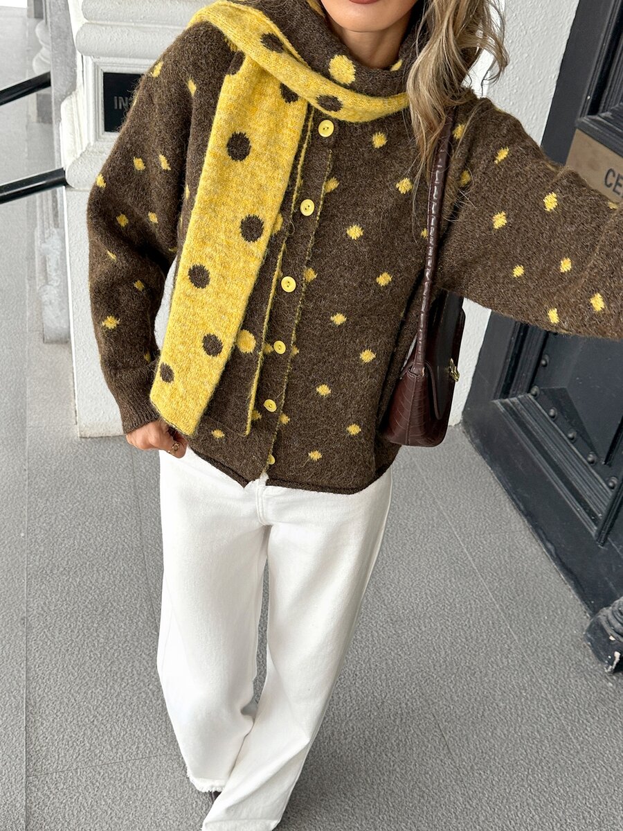 Pariaura Vintage Colorblock Polka Dot Loose Fit Slimming Slouchy Cardigan Sweater Jacket With Matching Scarf - Coffee Brown - View 1