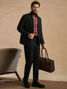 Core Aspect Setelan Jas Pria Lengan Panjang Warna Polos dengan Kancing Model Katak dan Celana - Hitam - View 5