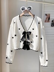 Comfortcana Winter Spring Valentine's Day Date Night Butterfly Heart Bow Front Open Wool Cardigan Ruffle Trim Short Sweater White - Black and White - View 3