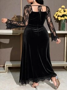 Modelyn Plus Size Women's Square Neck Contrast Lace Flared Sleeve Elegant Dress - Black - View 2
