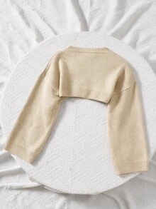 SHEIN Tween Girls Brown Color Stripe Pattern Drop Shoulder Super Crop Y2K Grunge Sweater, Suitable For Daily Wear, Casual Occasion - Khaki - View 2