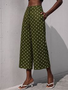 Aveloria Modichic 女款優雅通勤辦公休閒寬鬆腰前褶皺七分寬褲 - 橄欖綠 - 查看 3