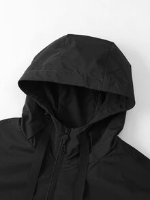 Manfinity Homme 男士休閒連帽夾克，黑色輕量拉鍊夾克，寬鬆版型，適合街頭穿搭、旅行與日常穿著 - 黑色 - 查看 3