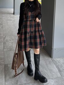 DAZY 女款格紋時尚荷葉邊下擺細肩帶背心上衣 - 黑色 - 查看 3