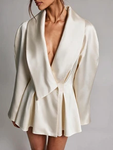 SHEIN BAE Women's Solid Color Shawl Collar Long Sleeve Pleated Hem Elegant Blazer Dress - Apricot - View 7