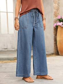 SHEIN PETITE Women's Loose Fit Vacation Elastic Waist Drawstring Casual Denim Jeans - Light Wash - View 4