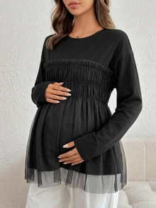 Dazy Maternity Contrast Mesh Loose Long Sleeve Round Neck Casual Vacation Spring Autumn Maternity T-Shirt - Black - View 6