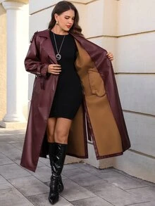 EMERY ROSE Plus Size Women's Elegant Autumn/Winter PU Solid Color Burgundy Long Trench Coat - Burgundy - View 8