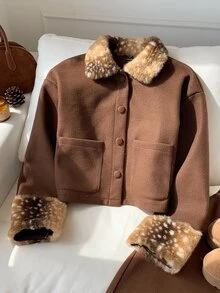 Comfortcana Women's Vintage Faux Fur Patchwork Cuff Button Jacket - Brown - View 3