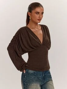 SHEIN BAE Women's V-Neck Sexy Long Sleeve Top Fall Clothes For Women , Winter Clothes, Fall/Winter Halloween - Brown - View 6