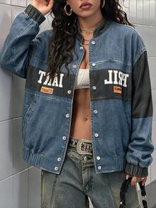StreetHx Denim Contrast Color Motorcycle Print Baseball Jacket, Stand Collar, Front Panel Digital Positioned Print, Elastic Cuffs And Hem, Loose Fit Street Casual Flight Jacket - Multicolor - View 6