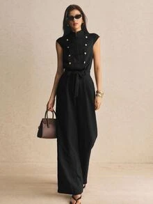 Poéselle Women's Solid Color Casual Daily Wear Jumpsuit - Black - View 3