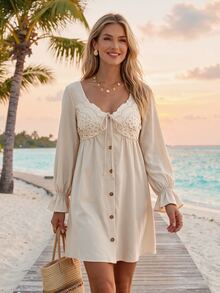 Sylviya Casual Women's Autumn/Winter Lace Long Sleeve Ruffle Hem Dress Fall Winter 2026 Winter Clothes Fall Clothes For Women 2026 Fall Winter Dress - Khaki - View 4