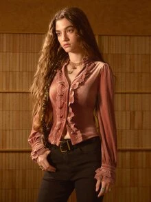 MOTF STUDIO WOMEN'S LACE PATCHWORK CASUAL DAILY WEAR BLOUSE - Chocolate Brown - View 4