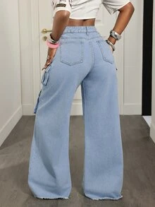 Slaydiva Women's Cross-Design Eyelet Cargo Pocket Wide Leg Casual Denim Jeans - Blue - View 2