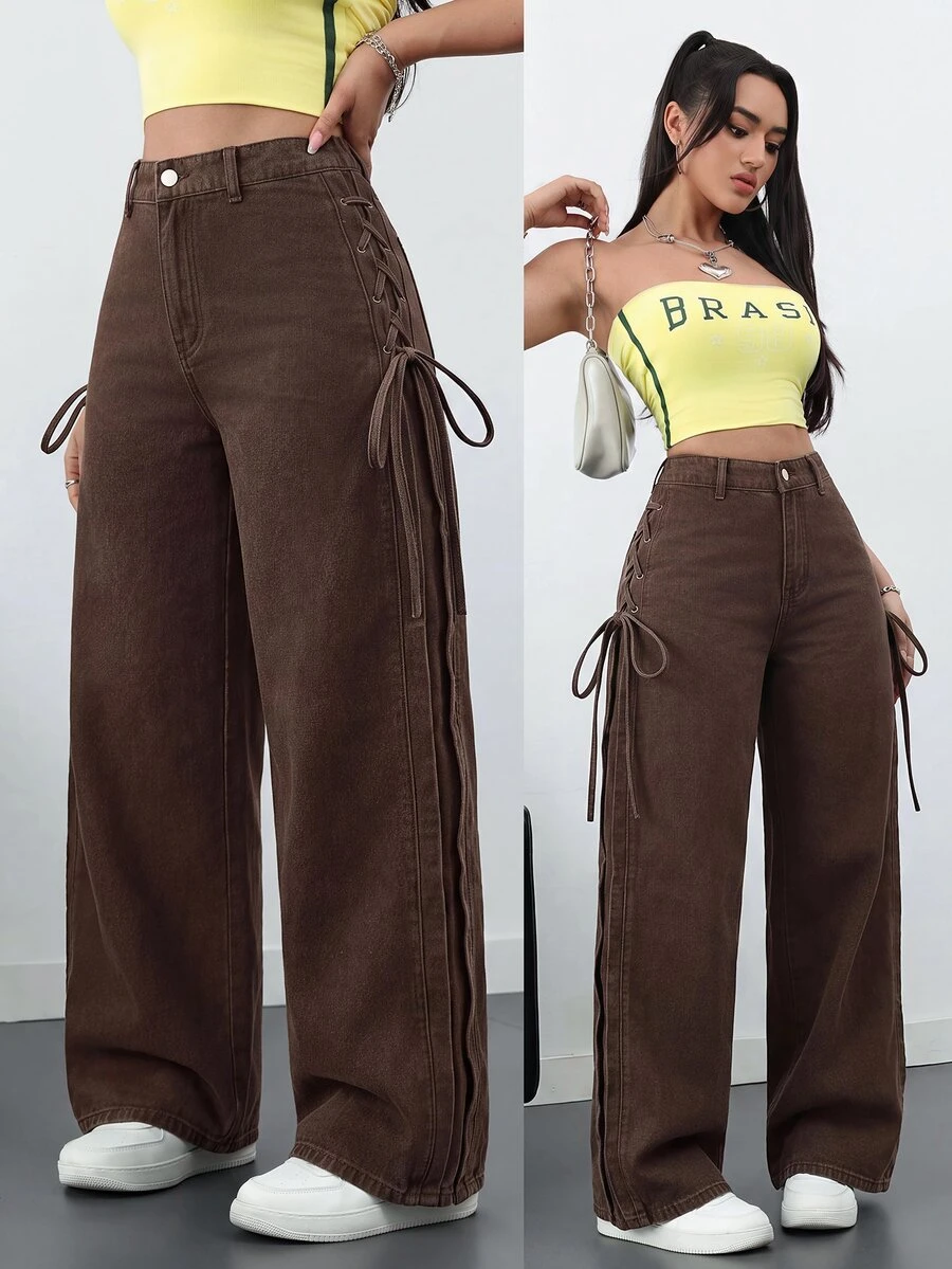 SHEIN ICON 女款休閒寬鬆蝴蝶結牛仔褲