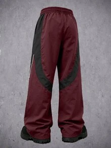 Manfinity Denimwave 男士寬鬆慢跑褲，抽繩腰帶與抽繩褲腳，寬鬆休閒街頭褲 - 酒紅色 - 查看 3