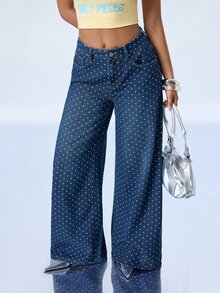 Y2Kool Women's Polka Dot Pattern Pocket Wide Leg Loose Fit Jeans - Dark Wash - View 5